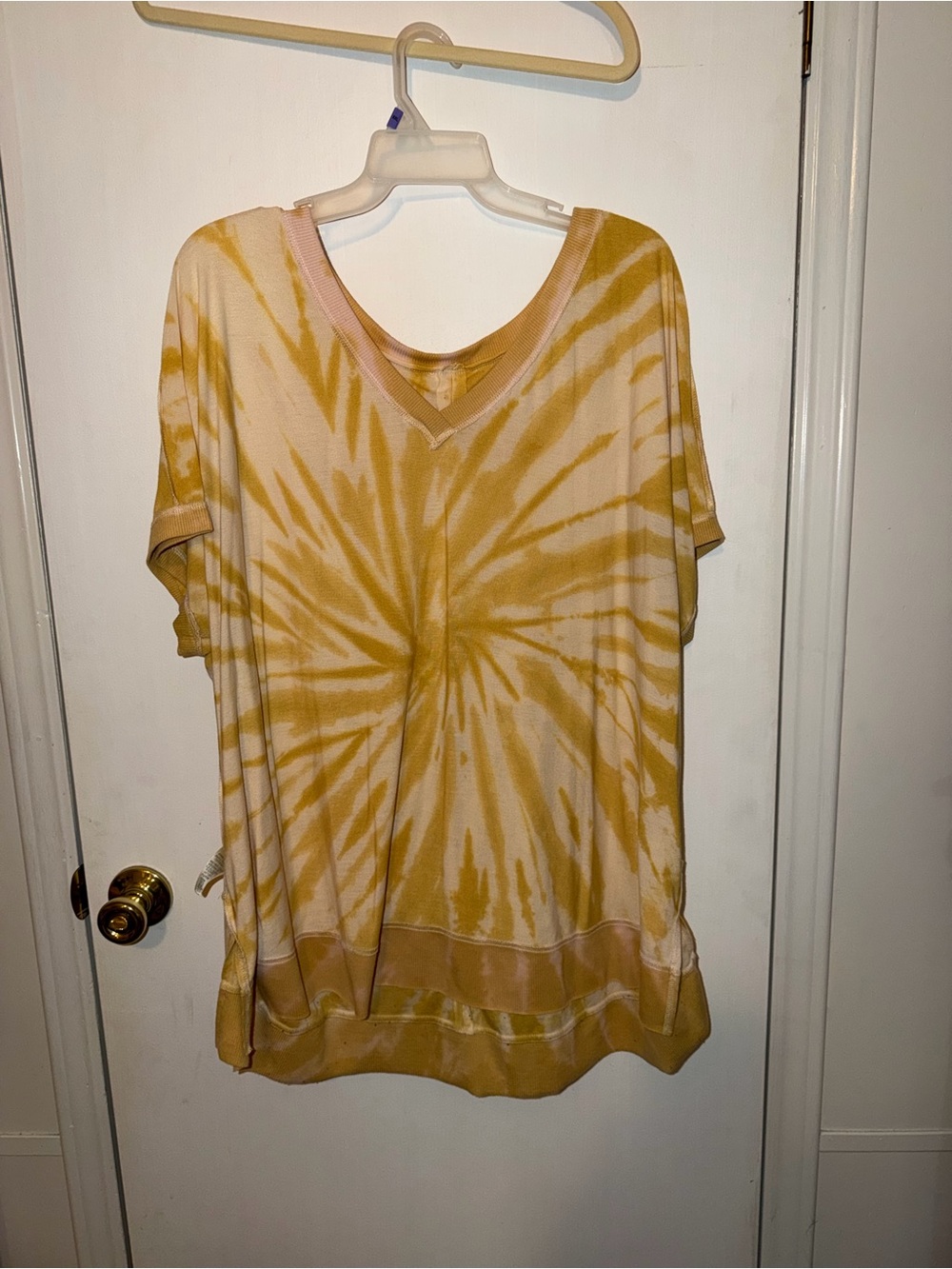 Kori Mustard Yellow Tie-Dye V-Neck Pullover with Pink Trim